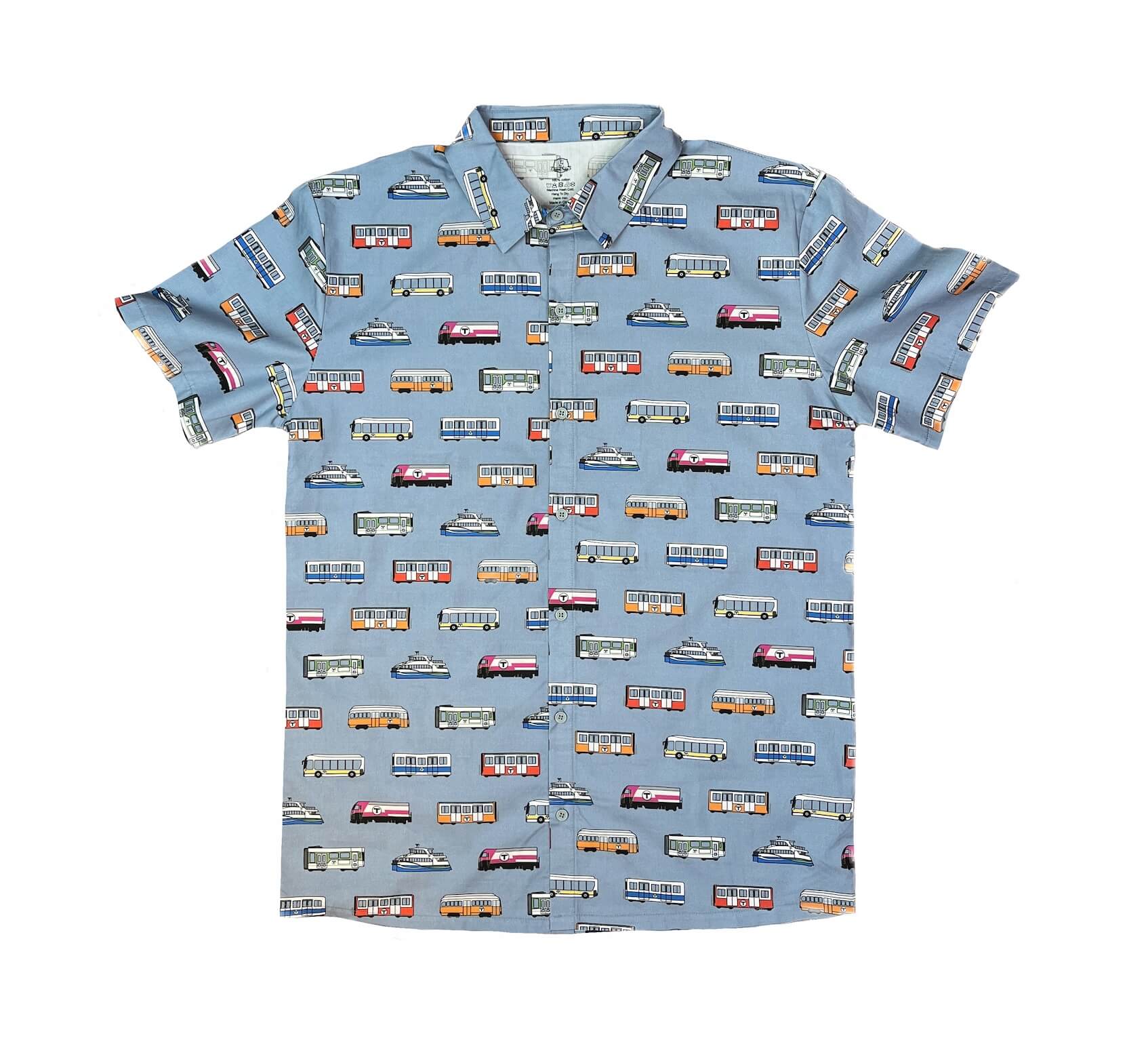 Light blue adult size short sleeve button-up shirt with MBTA vehicle pattern